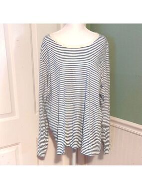 Basic Editions Women's Plus Long Sleeve Shirt Blue White Stripes 2X